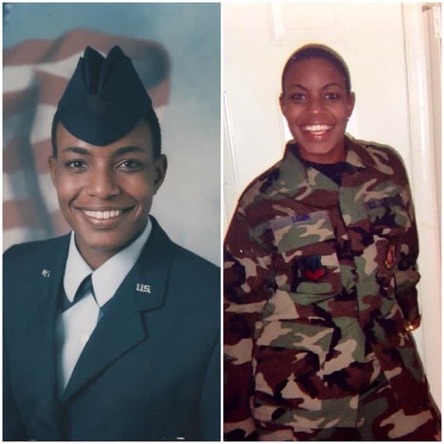 A woman in a military uniform next to a picture of a woman in a military
